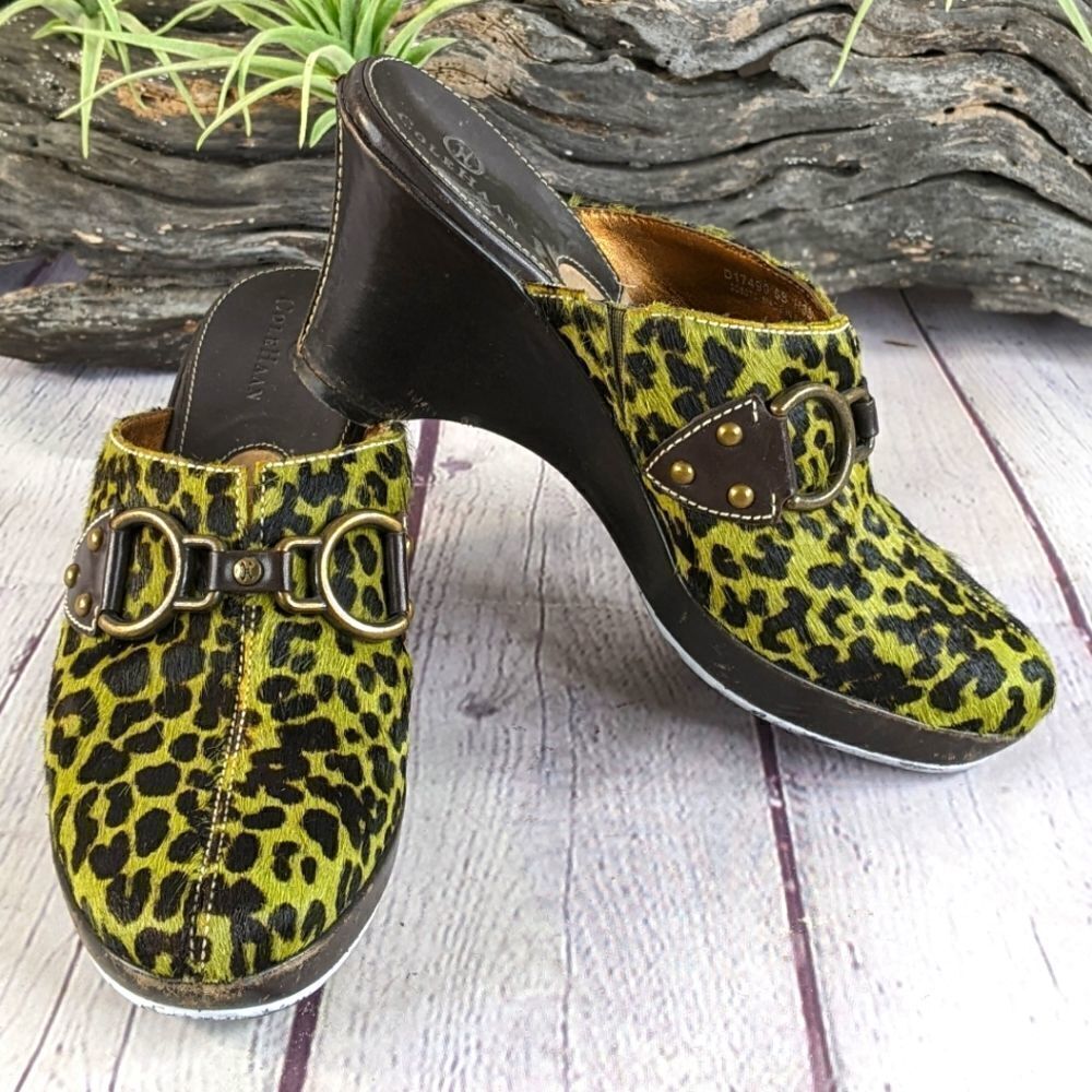 Cole Haan D17490 Green Leopard Print Pony Hair Wedge Mules Clogs